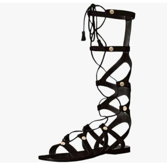 YDN Black Rivet Sexy Knee High Lace up Flats Fringe Gladiator Strap Sandals - Picture 1 of 8